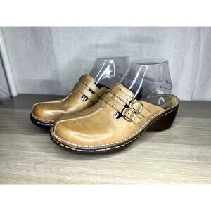 Naturalizer Natural Sole Tan Brown Leather Buckle Boho Clog Mule Shoes